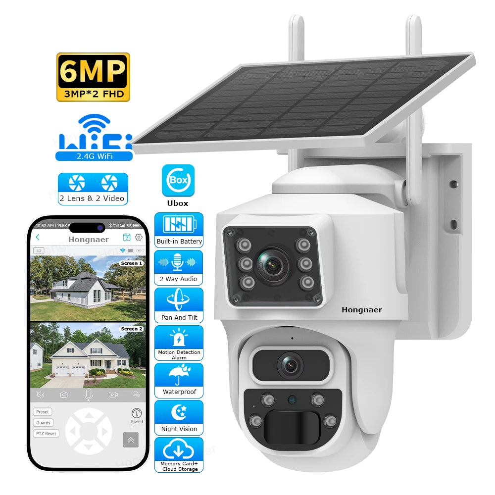 Caméra de Surveillance Hongnaer 6 MP | PTZ 360°, Double Objectif, Wi-Fi Solaire et Application UBox