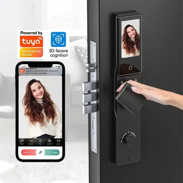 Serrure connectée Tuya avec reconnaissance d'empreintes digitales, faciales et palmaires, stockage cloud, Wi-Fi et application mobile, interphone vidéo