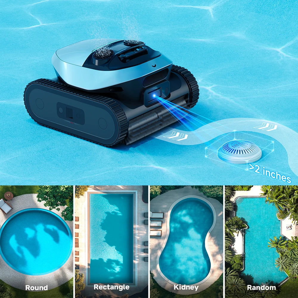 Robot nettoyeur de piscine sans fil à forte aspiration, doté d'une intelligence artificielle et capable de grimper automatiquement aux parois, pour une eau cristalline et une qualité optimale.