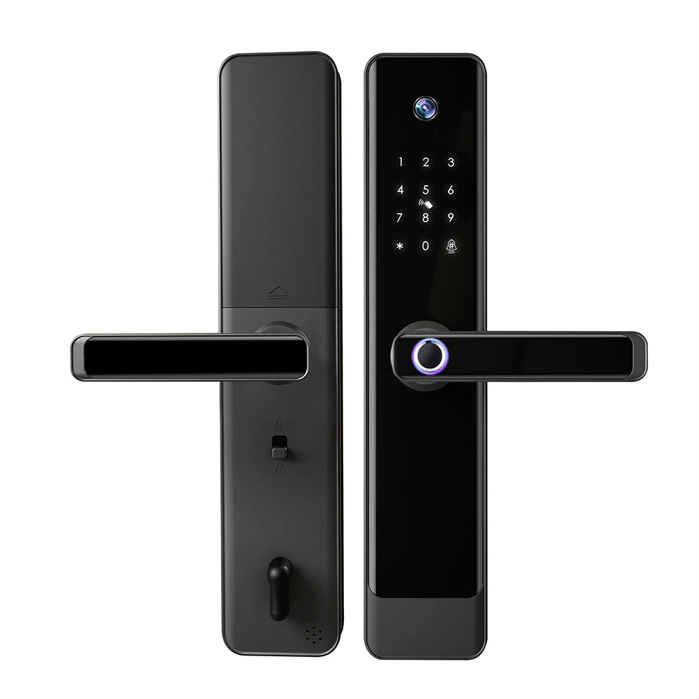 Serrure électronique SZMYQ avec interphone vidéo, 2 interphones audio, caméra d'empreintes digitales, serrure connectée et Wi-Fi.