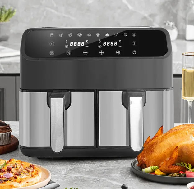 Friteuse à air chaud multifonctionnelle à double cuve de grande capacité (8 L) en acier inoxydable, avec commandes tactiles et double compartiment.