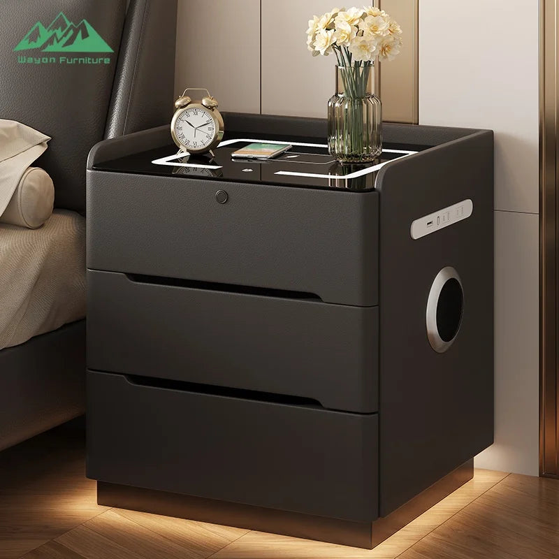 Table de Nuit Wayon – Charge Sans Fil, Enceinte BT, 3 Tiroirs & Verrou | Bois