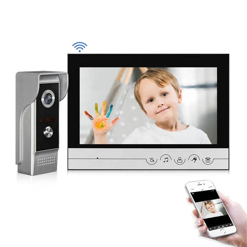 Sonnette vidéo filaire 1080p 7 pouces avec moniteur intérieur et interphone Wi-Fi intégré