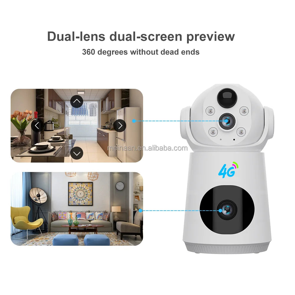 Caméra de Surveillance PTZ 2K 4MP | Double Objectif, Batterie, 4G SIM et Application V380 Pro