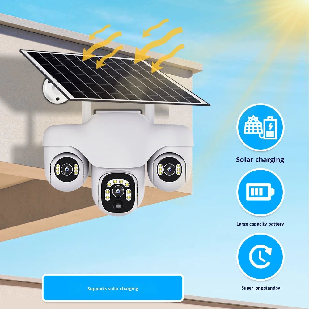 Caméra de sécurité réseau IP 4G HD V380 Pro 6MP avec 3 objectifs, vision nocturne, Wi-Fi, sans fil, alimentation solaire et infrarouge.