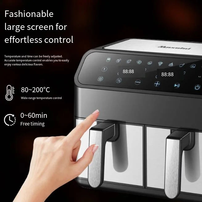 Friteuse à air chaud multifonctionnelle à double cuve de grande capacité (8 L) en acier inoxydable, avec commandes tactiles et double compartiment.