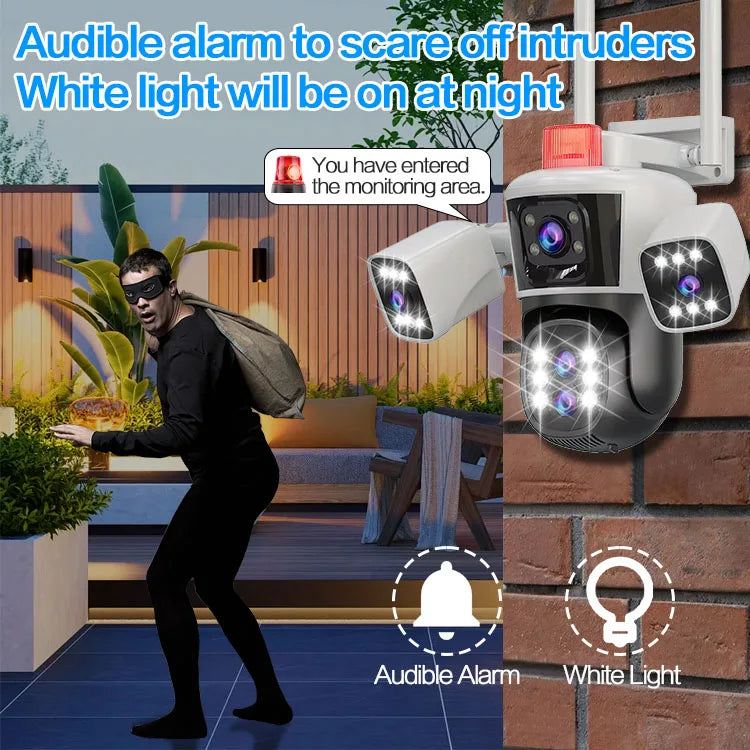 Caméra de surveillance extérieure 8K 16MP Wi-Fi 360 PTZ avec cinq objectifs, quatre écrans, zoom optique 10x, suivi automatique et réseau sans fil.