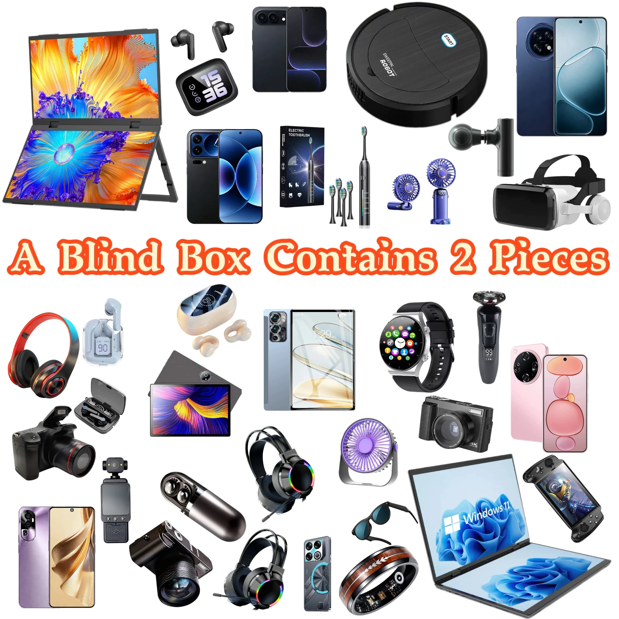 Coffret Mystère 2 Pièces Grossiste – Smartphone 5G, Drone, Caméra, Montre Surprise