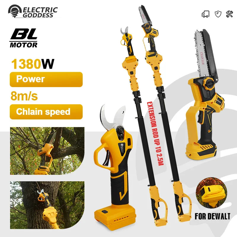 Scie à chaîne sans fil Electric Goddess Industrial 20V avec rallonge pour sécateur et cisailles.