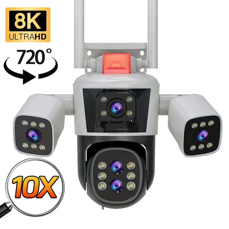 Caméra de surveillance extérieure 8K 16MP Wi-Fi 360 PTZ avec cinq objectifs, quatre écrans, zoom optique 10x, suivi automatique et réseau sans fil.