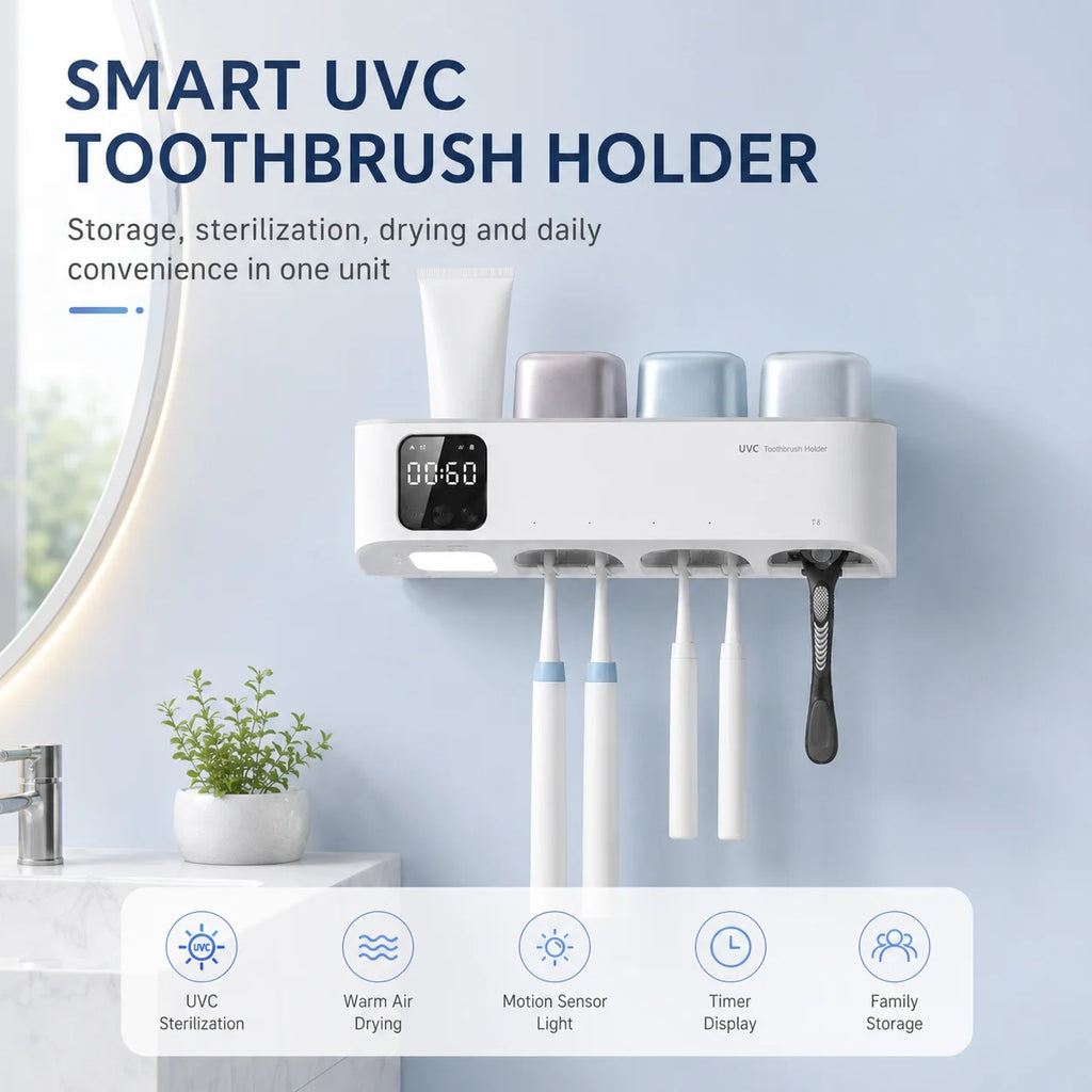 Stérilisateur de brosses à dents UVC à détection automatique, support de brosse à dents amovible à séchage chaud avec affichage de l'heure et veilleuse