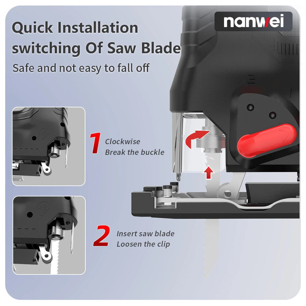 Scie sauteuse sans fil Nanwei multifonctionnelle à courbe réglable, outil électrique pour le travail du bois, fonctionne sur batterie, usage industriel et de bricolage NanWei