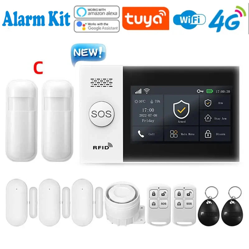 Système d'alarme de sécurité pour maison connectée Tuya, compatible GSM avec écran tactile, 4G, Wi-Fi et 433 MHz, matériau ABS, contrôlable via Alexa et l'application Smart Life.