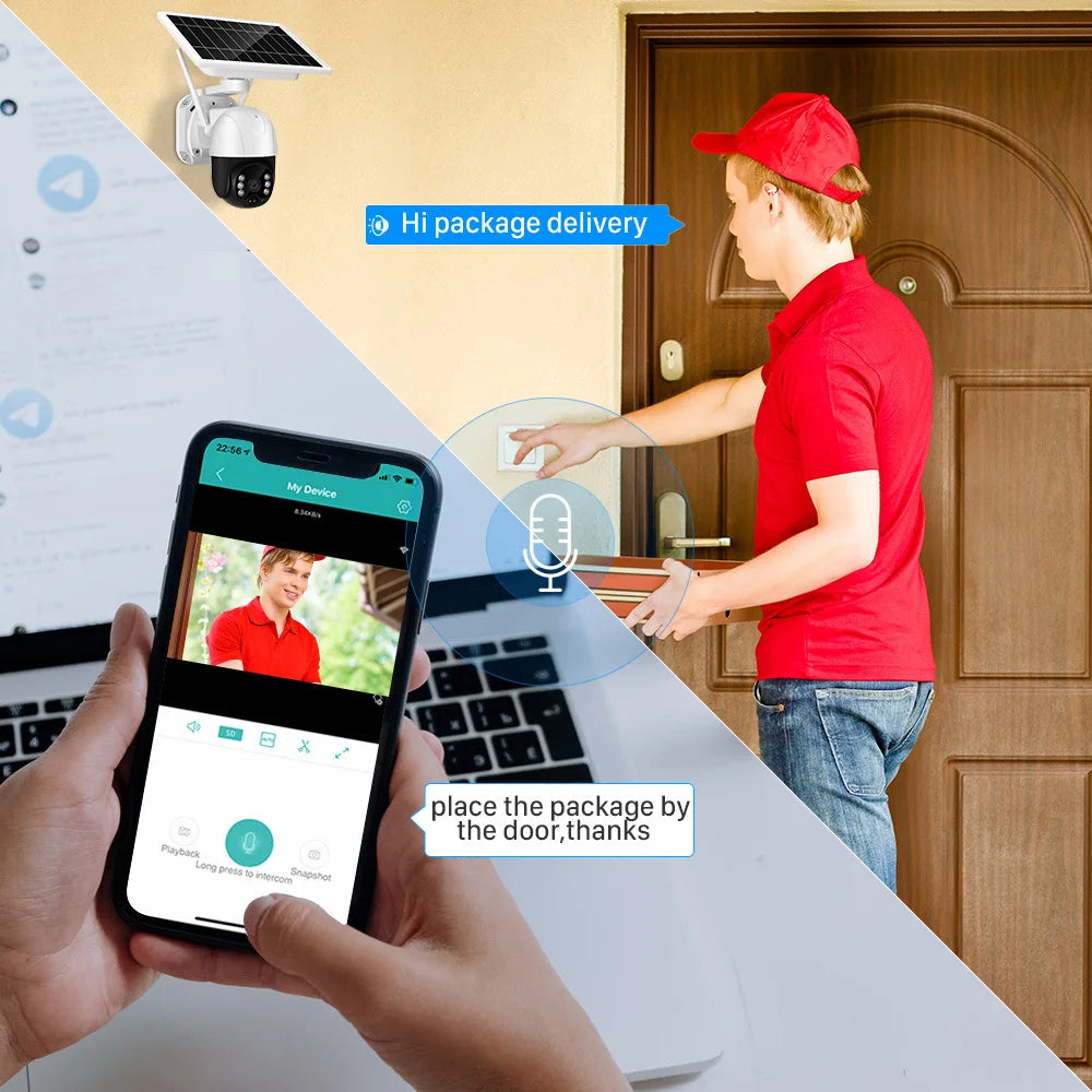 Système de caméra de sécurité sans fil extérieur intelligent avec panneau solaire et batterie, vision nocturne 4G et alimentation solaire.