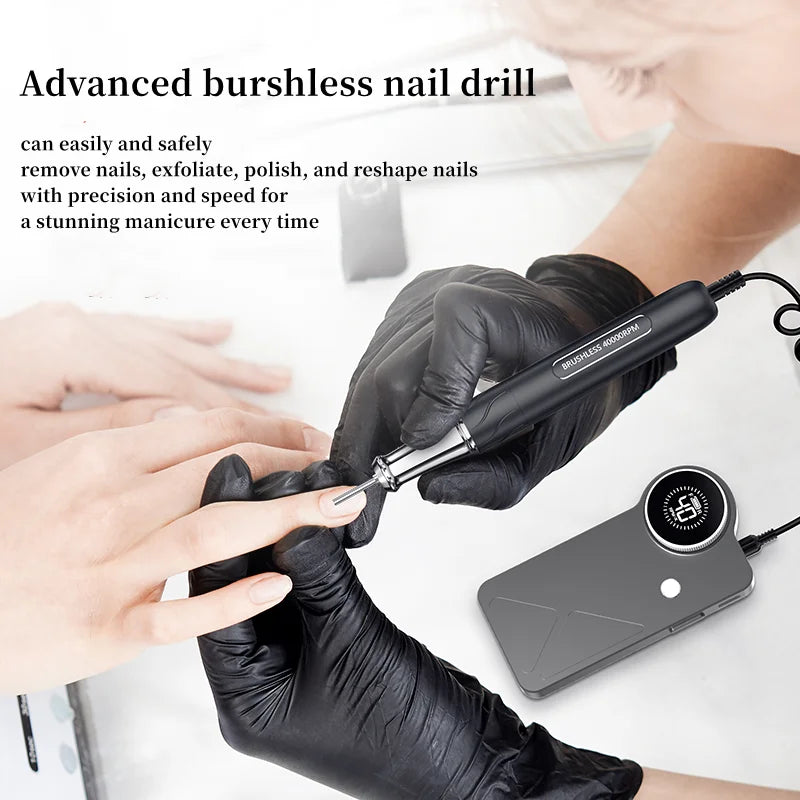 WELLSTRY Nouvelle arrivée Perceuse à ongles portable rechargeable sans balais 40000 tr/min Embouts en tungstène et acier inoxydable