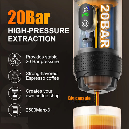 Cafetière portable intelligente de voyage, de camping et de pêche, auto-chauffante, compatible USB, voiture, camping-car, 20 bars de pression.