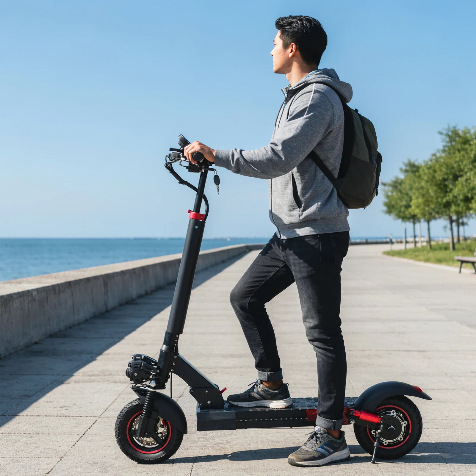 Trottinette électrique tout-terrain pliable et étanche IPX5, pneus larges 10 pouces, double suspension, autonomie de 45 km, entreposage UE, Royaume-Uni, États-Unis et Canada.