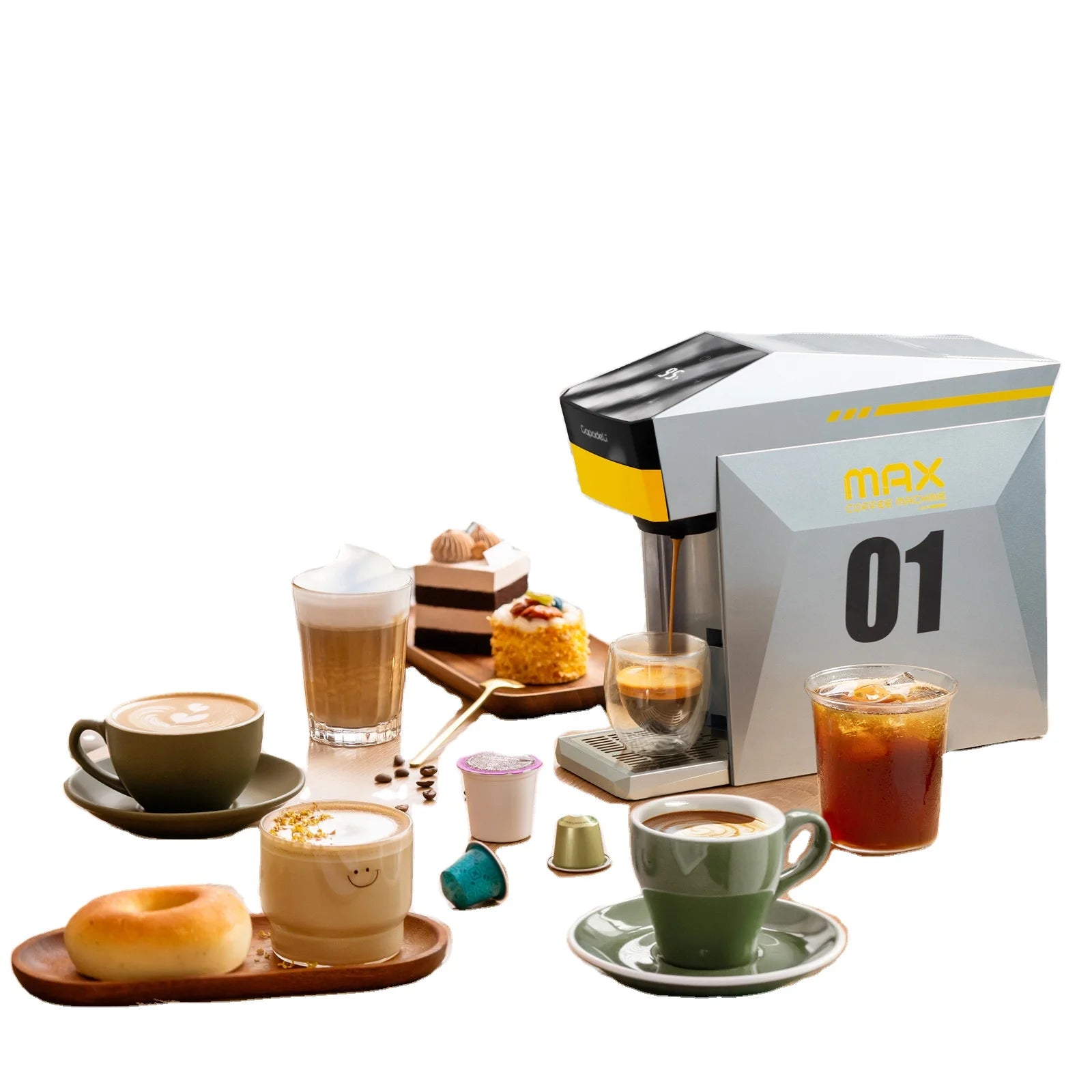 Machine à café électrique automatique multifonctionnelle 4 en 1 au design élégant, compatible avec les capsules Nespresso et Dolce Gusto.