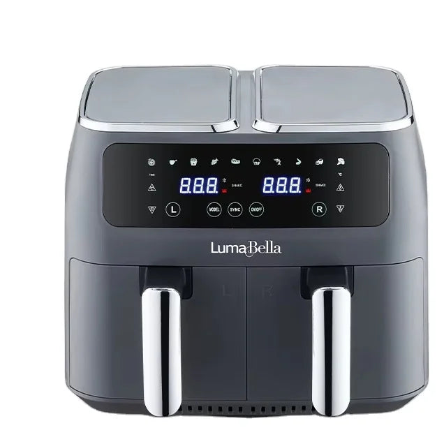 Friteuse à air électrique double Lumabella, en acier inoxydable et aluminium, sans huile, 220 V, carrée, pour usage domestique ou hôtelier