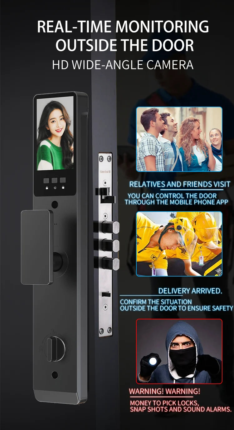 Prix fabricant : Serrure de porte intelligente entièrement automatique avec caméra WiFi, reconnaissance faciale 3D, lecteur d'empreintes digitales biométriques