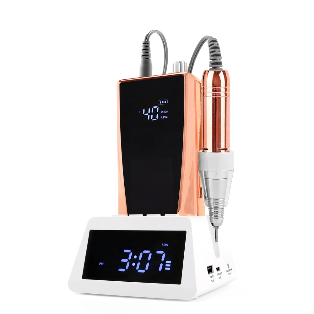 Kit de ponceuse à ongles électrique 45 W à balais de carbone, faible vibration, 40 000 tr/min, avec batterie externe et station de base horloge.