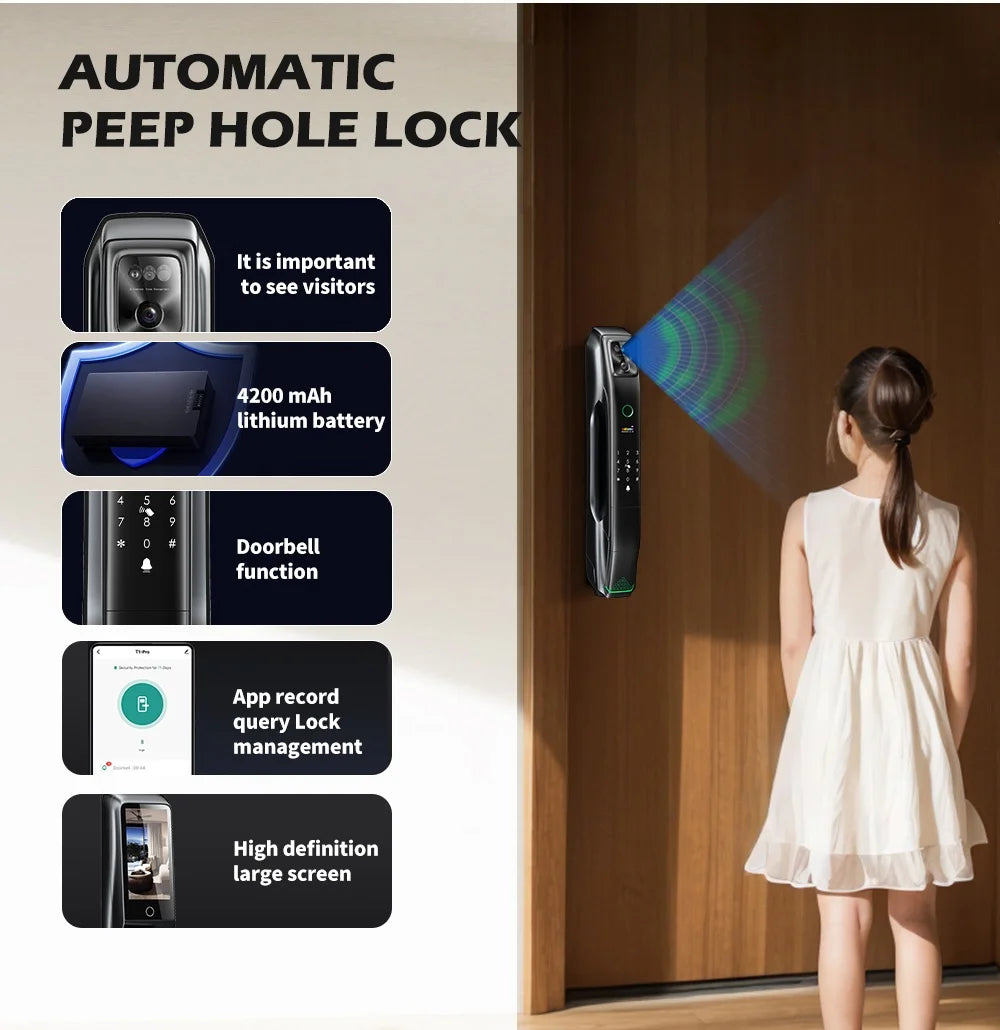 Serrure de porte automatique en bois noir 6085 avec caméra de reconnaissance faciale 3D, interphone vidéo 9 langues et connexion Wi-Fi Tuya 6068.