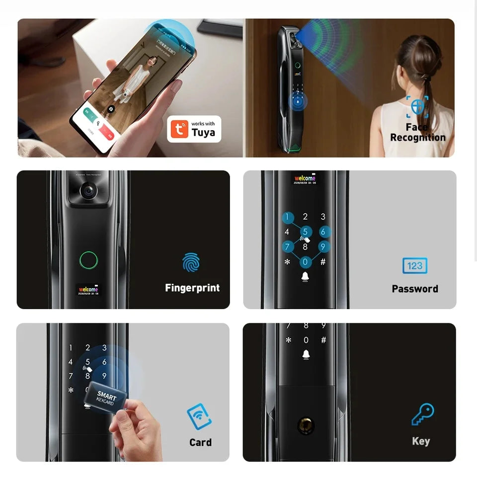Serrure de porte automatique en bois noir 6085 avec caméra de reconnaissance faciale 3D, interphone vidéo 9 langues et connexion Wi-Fi Tuya 6068.