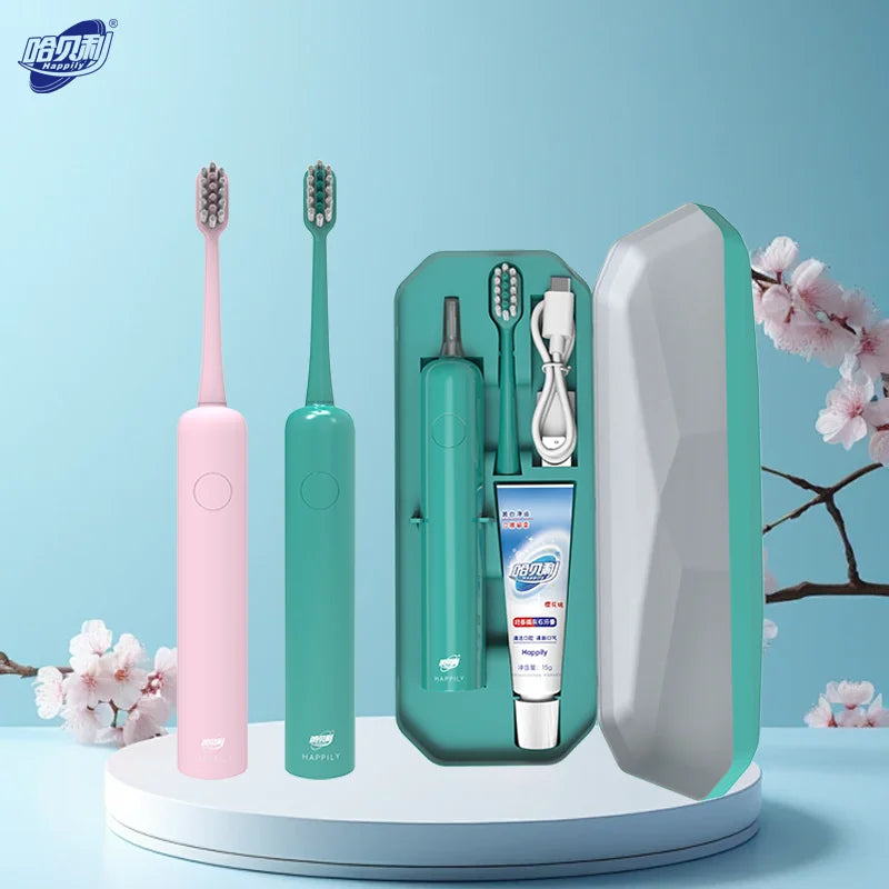 Brosse à dents vibrante Happily, IPX7, charge Type-C, autonomie 90 jours, 3 modes, blanchiment