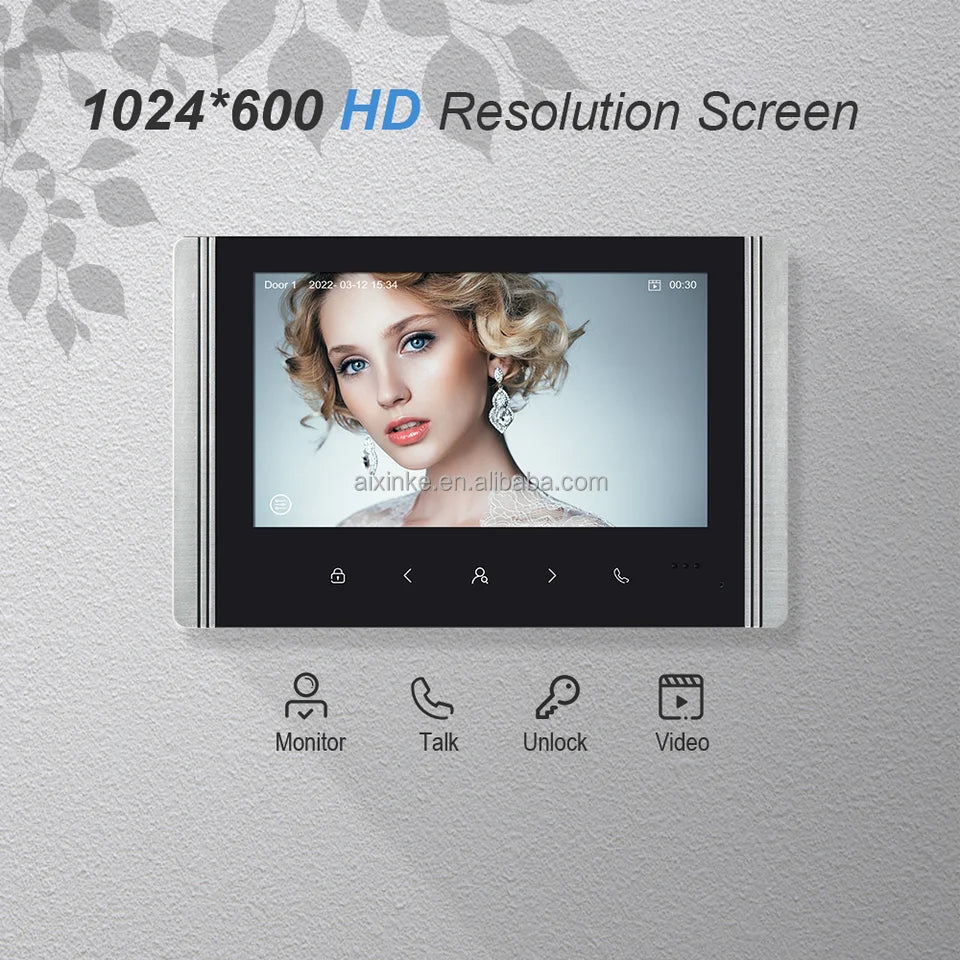 Interphone vidéo Tuya avec caméra et écran 7 pouces (2 MP) pour villa ou appartement.