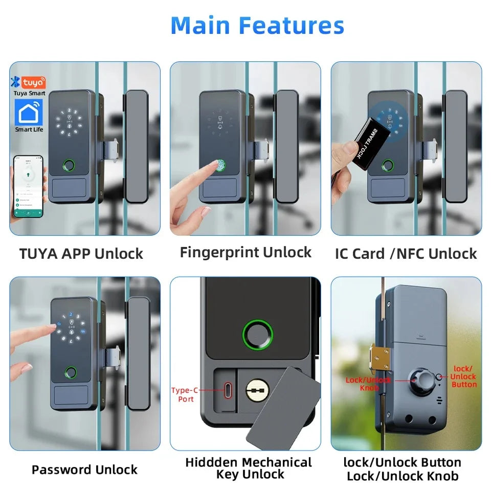Serrure connectée Tuya Wifi pour porte en verre, déverrouillage par empreinte numérique, application, carte à puce ou mot de passe.