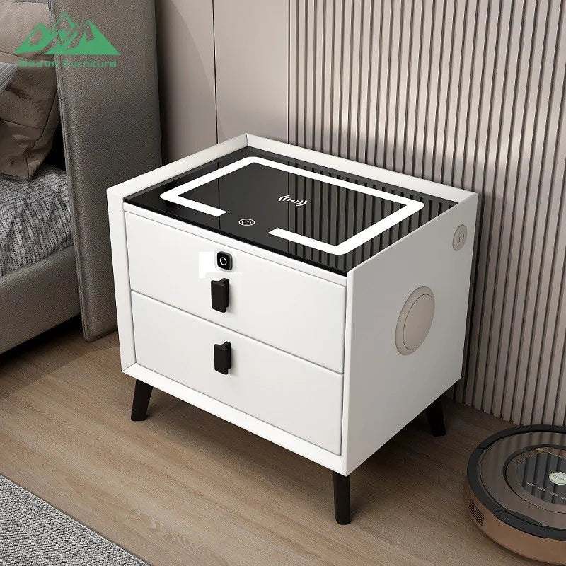 Table de Nuit Surélévée Wayon – Charge Sans Fil, Enceinte BT, 2 Tiroirs & Sécurité Empreinte