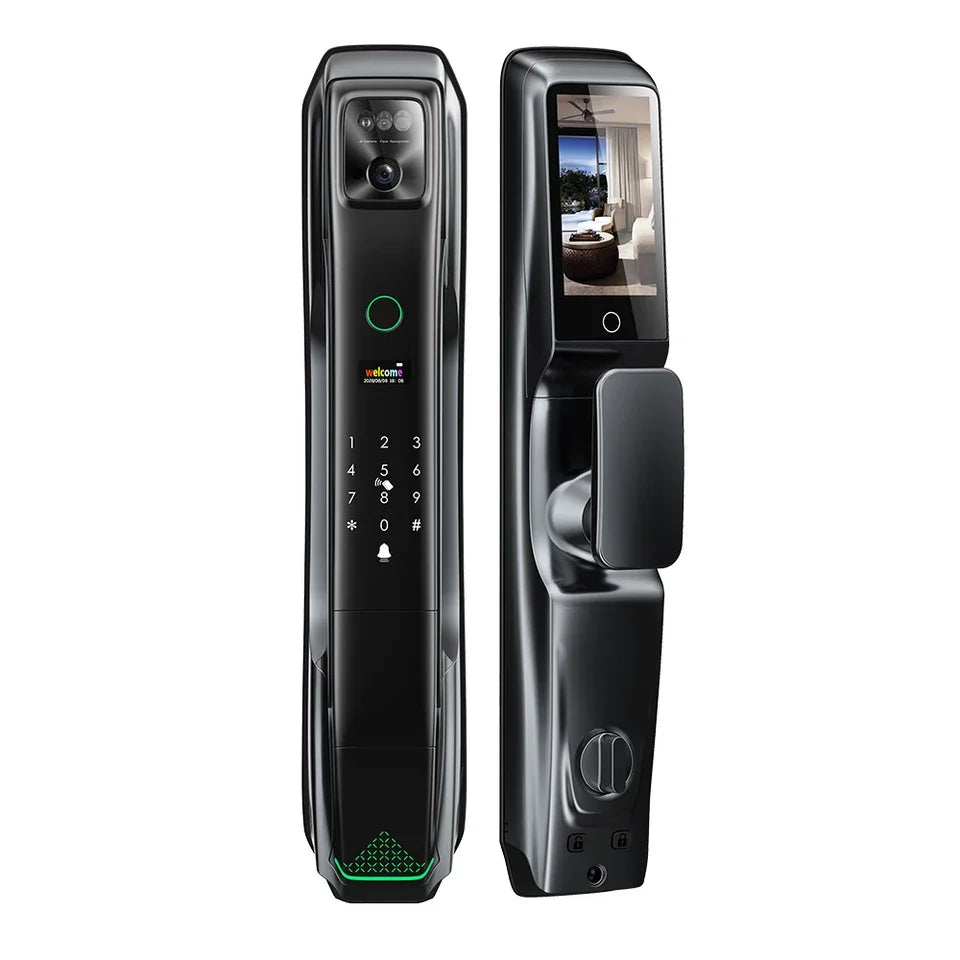 Serrure de porte automatique en bois noir 6085 avec caméra de reconnaissance faciale 3D, interphone vidéo 9 langues et connexion Wi-Fi Tuya 6068.