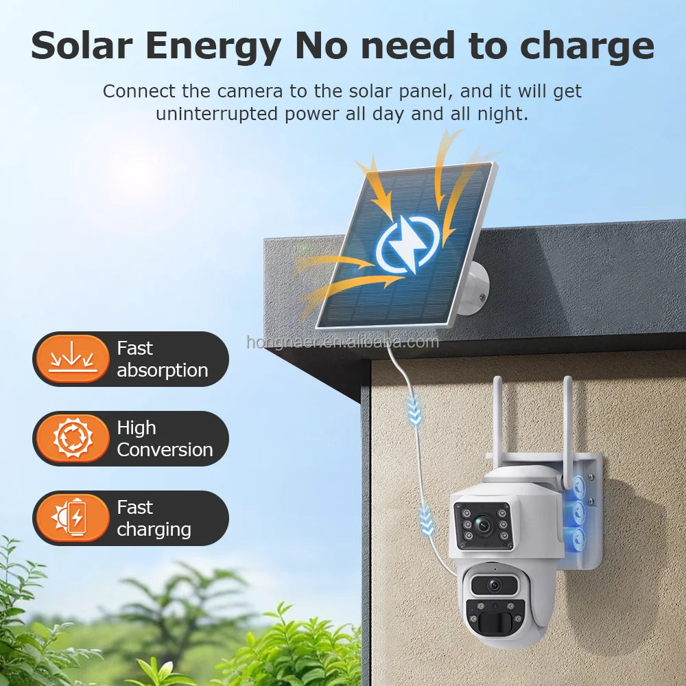 Caméra de Surveillance Hongnaer 6 MP | PTZ 360°, Double Objectif, Wi-Fi Solaire et Application UBox