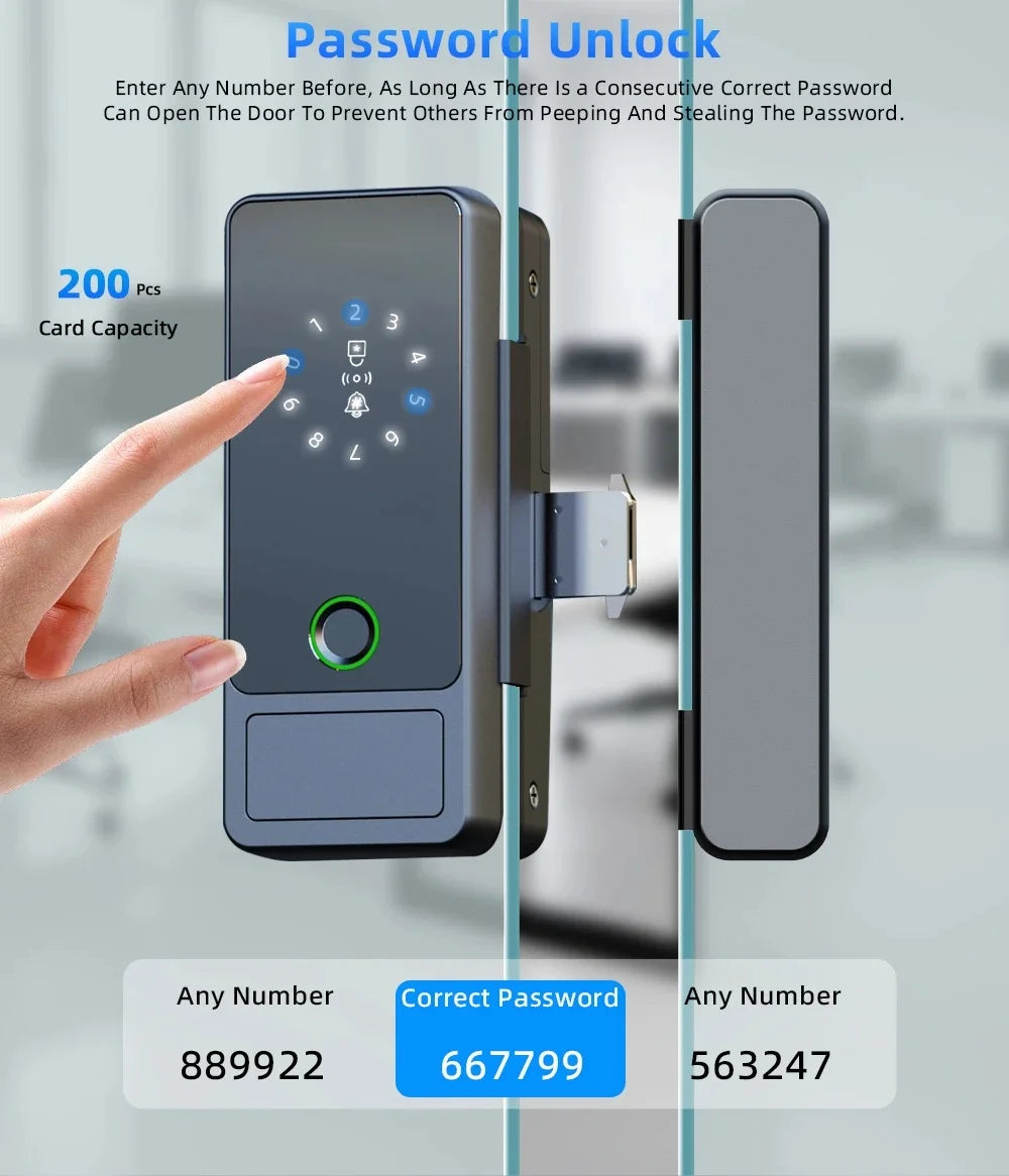 Serrure connectée Tuya Wifi pour porte en verre, déverrouillage par empreinte numérique, application, carte à puce ou mot de passe.