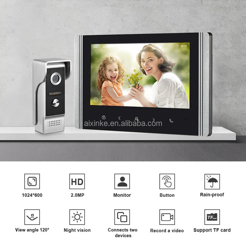 Interphone vidéo Tuya avec caméra et écran 7 pouces (2 MP) pour villa ou appartement.