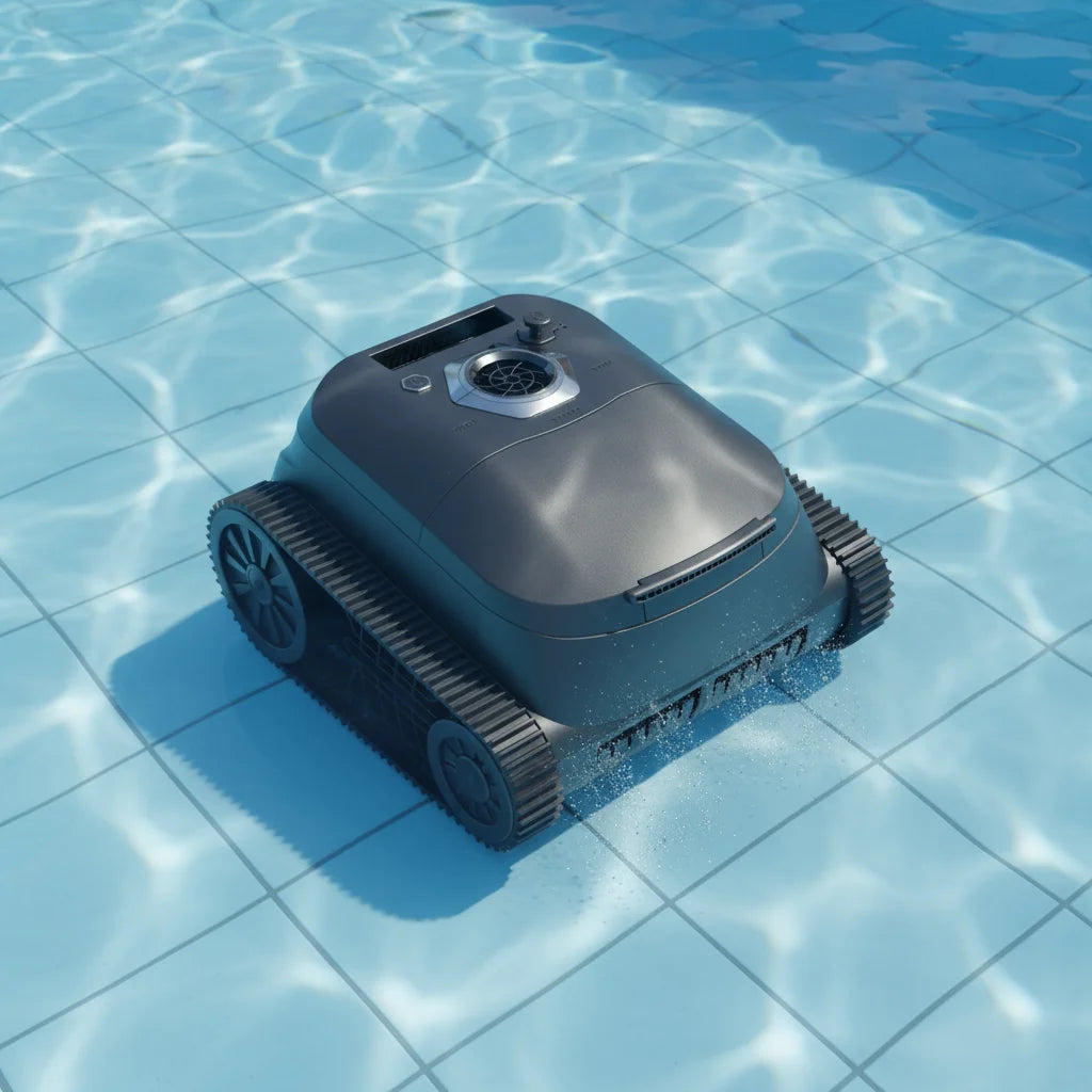 Robot nettoyeur de piscine sans fil intelligent avec aspirateur sous-marin automatique, étanche IPX8 et télécommande.