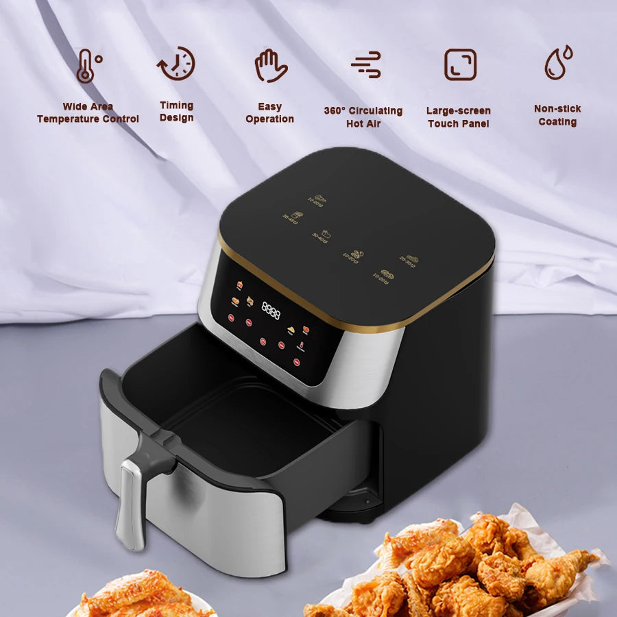Friteuse à air chaud grande capacité 10 L, appareil électroménager multifonctionnel carré avec écran tactile numérique.
