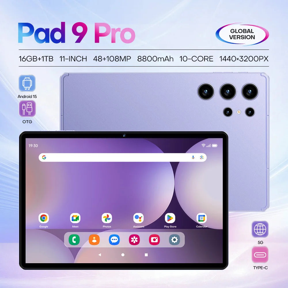 Tablette Pad 9 Pro – 11", Android 15, 16 Go+1 To, Deca Core, 4G/5G et caméra 108 MP