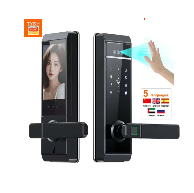 Serrure de porte d'entrée intelligente Tuya avec reconnaissance faciale et empreinte numérique, stockage cloud et sonnette intégrée pour aluminium, bois, verre et acier