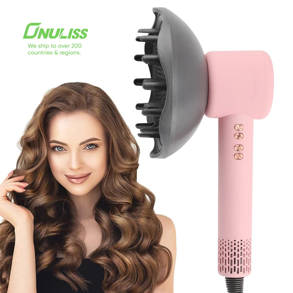 Sèche-cheveux sans balais double tension haute vitesse avec support, brosse lissante multifonction pour une utilisation en extérieur, sèche-cheveux OEM basse consommation.