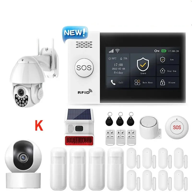 Système d'alarme de sécurité pour maison connectée Tuya, compatible GSM avec écran tactile, 4G, Wi-Fi et 433 MHz, matériau ABS, contrôlable via Alexa et l'application Smart Life.
