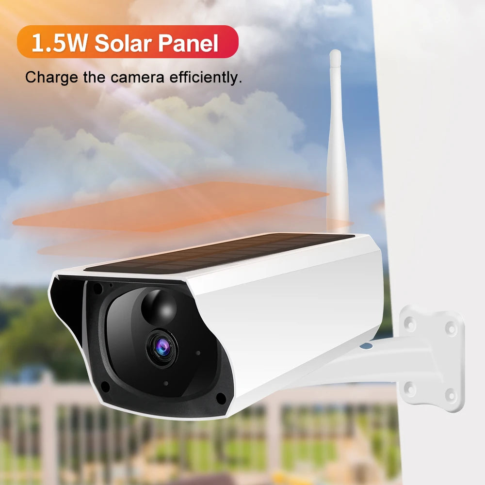 Caméra de surveillance extérieure Tuya IP solaire 1080p HD Wi-Fi 1,5 W, format bullet, alimentée par batterie, longue autonomie en veille.