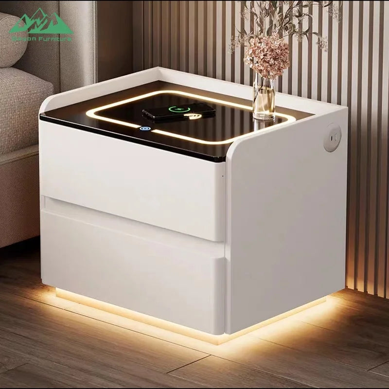 Table de Nuit Luxe Wayon – Charge Sans Fil, Enceinte BT, 2 Tiroirs & Verrou Empreinte