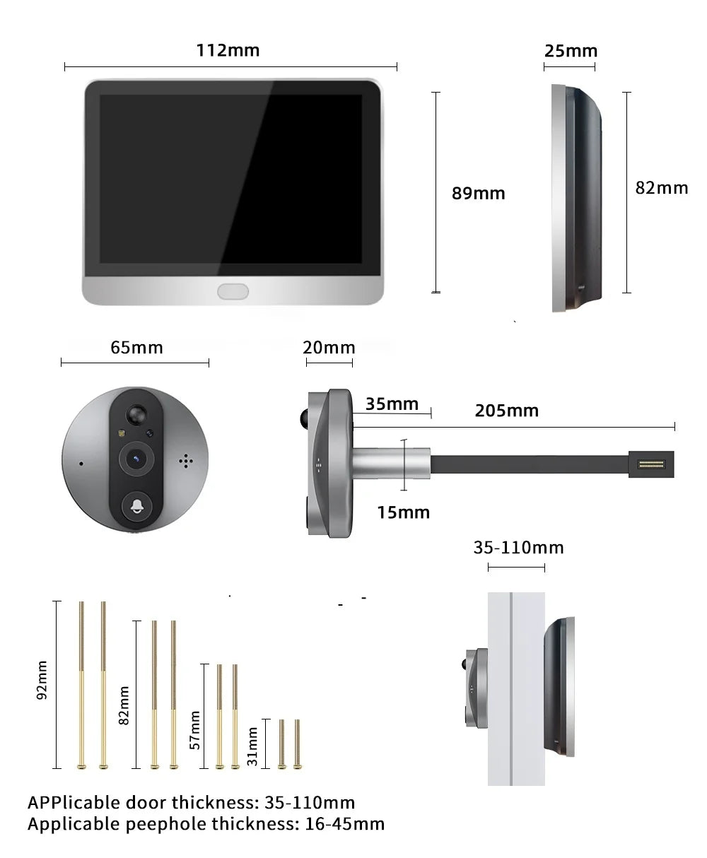 Sonnette vidéo de sécurité Tuya WiFi avec écran OLED 4,3 pouces 1080p, judas, audio bidirectionnel et détection de mouvement instantané (Android)