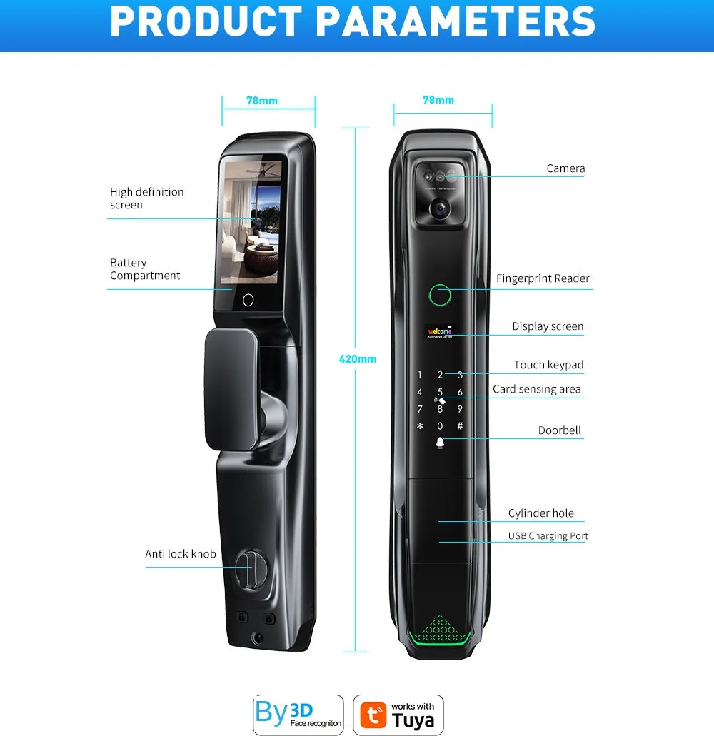 Serrure de porte automatique en bois noir 6085 avec caméra de reconnaissance faciale 3D, interphone vidéo 9 langues et connexion Wi-Fi Tuya 6068.