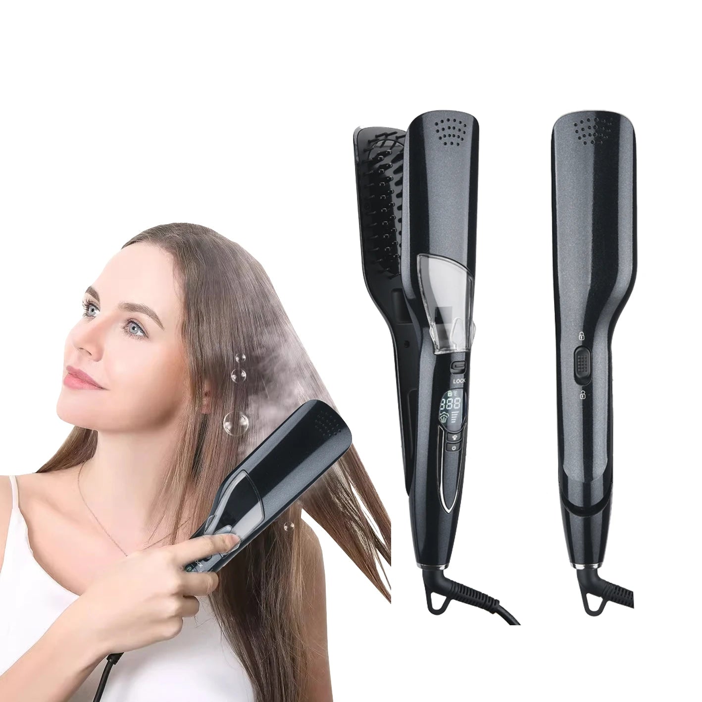 Brosse lissante professionnelle à air chaud, peigne lissant à température réglable, fer à lisser vapeur en céramique