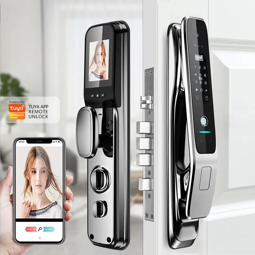 Serrure connectée avec reconnaissance faciale 3D, lecteur d'empreintes digitales, sonnette vidéo, application Tuya, déverrouillage Wi-Fi, carte NFC, clé RFID et serrure à code.
