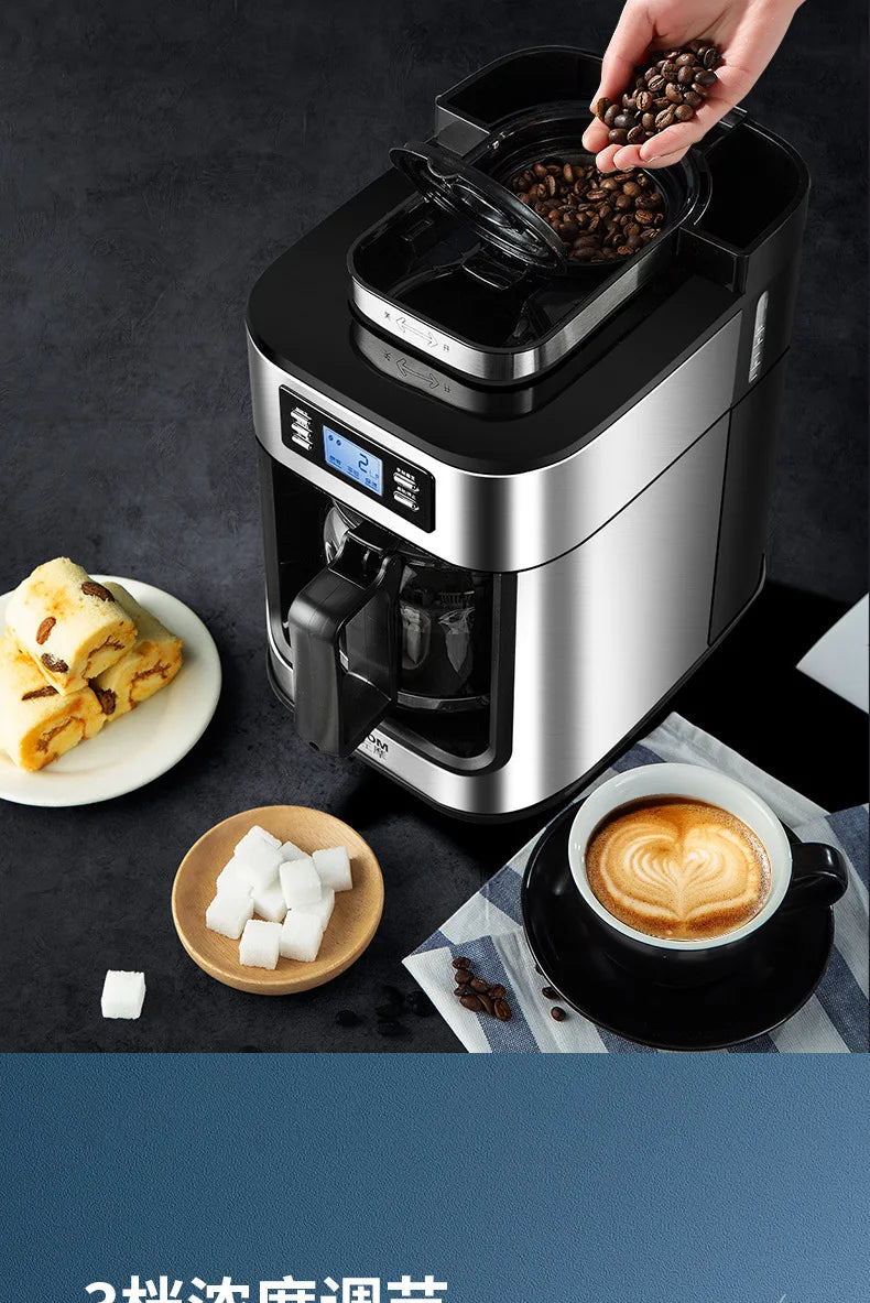 Machine à café automatique en acier inoxydable avec broyeur intégré, style américain, compact, idéal pour la cuisine, le bureau ou l'hôtel.