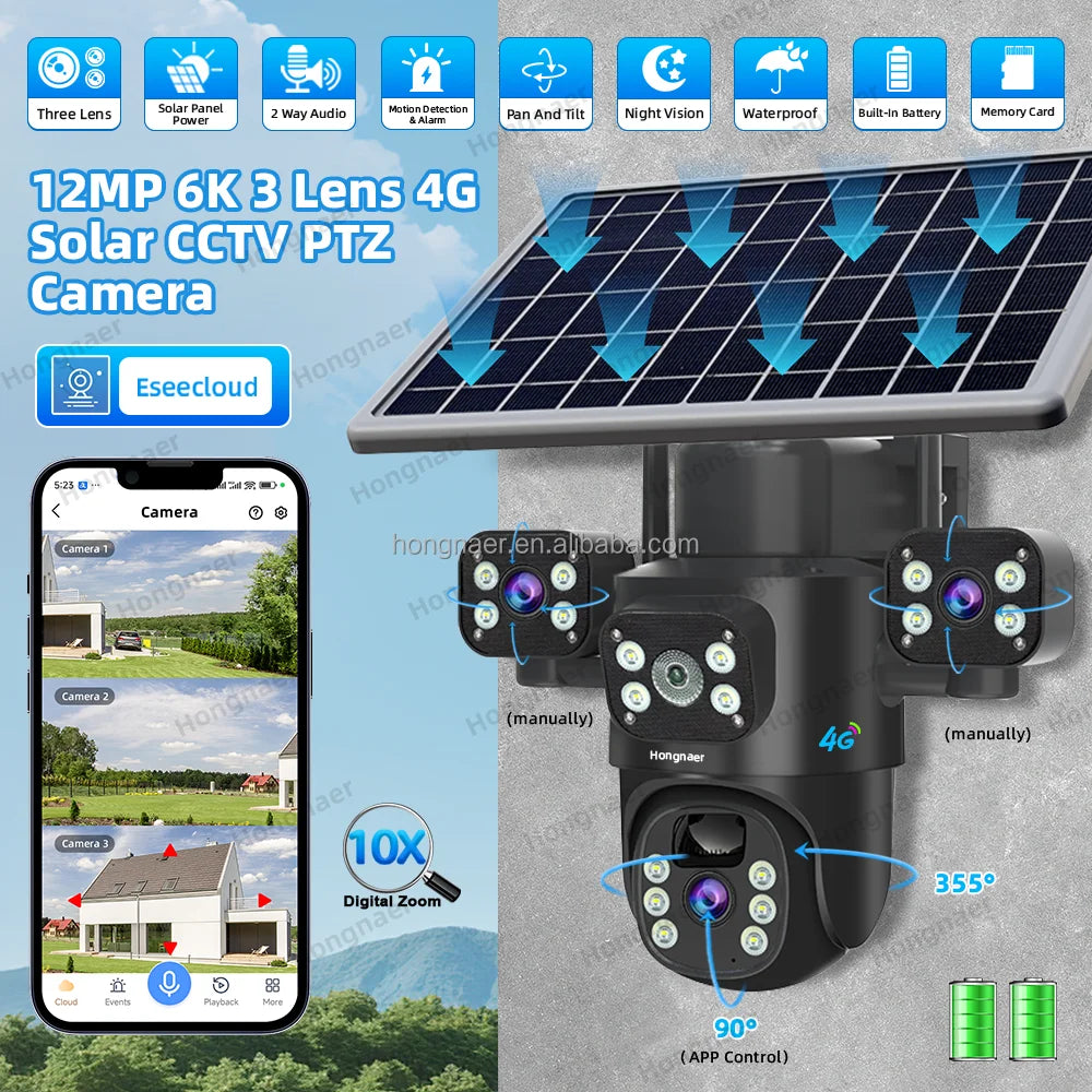 Caméra solaire PTZ 4G AOV Q1, 12 MP, IP65, audio bidirectionnel, Eseecloud, enregistrement 24/7
