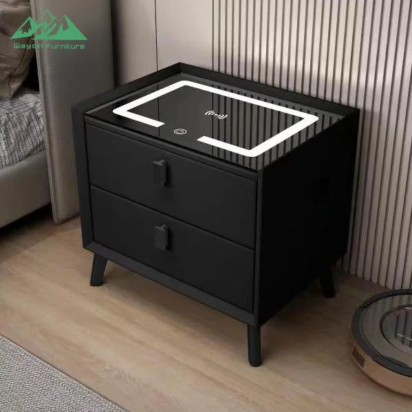 Table de Nuit Surélévée Wayon – Charge Sans Fil, Enceinte BT, 2 Tiroirs & Sécurité Empreinte